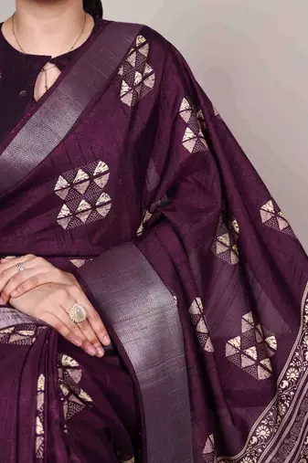 Wine rich slub silk printes with zari border saree