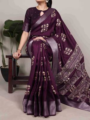 Wine rich slub silk printes with zari border saree 3