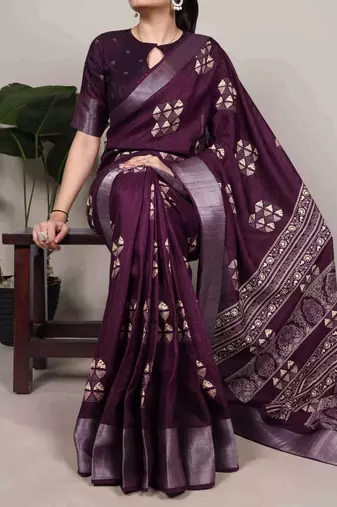 Wine rich slub silk printes with zari border saree