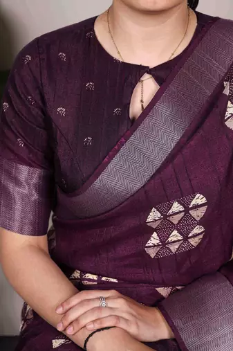 Wine rich slub silk printes with zari border saree
