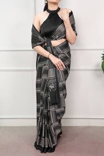 Black elegant satin silk printed saree