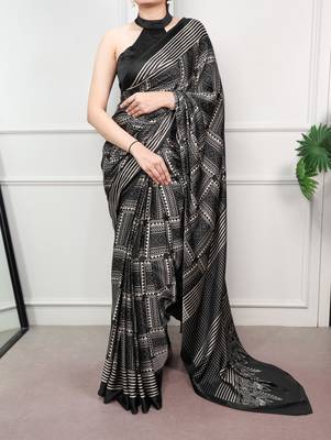 Black elegant satin silk printed saree 2