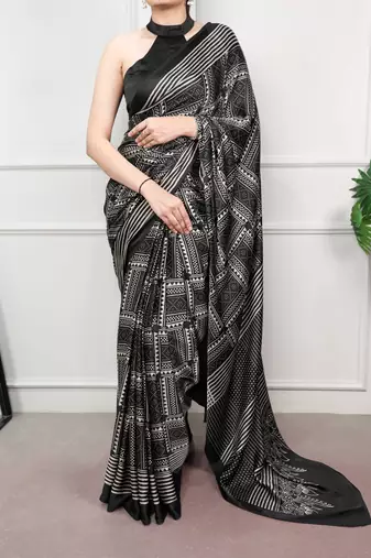 Black elegant satin silk printed saree