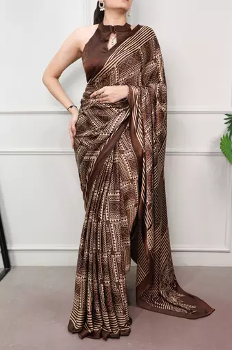 Brown elegant satin silk printed saree