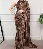 Brown elegant satin silk printed saree