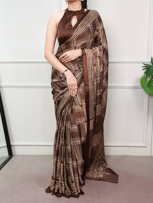 Brown elegant satin silk printed saree 2
