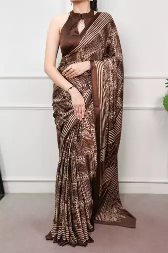 Brown elegant satin silk printed saree