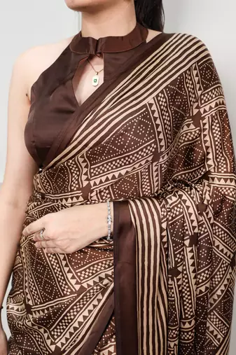 Brown elegant satin silk printed saree