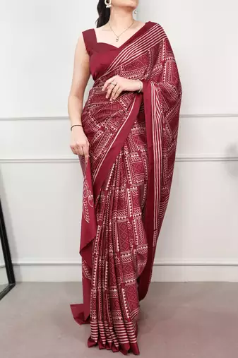 Maroon elegant satin silk printed saree