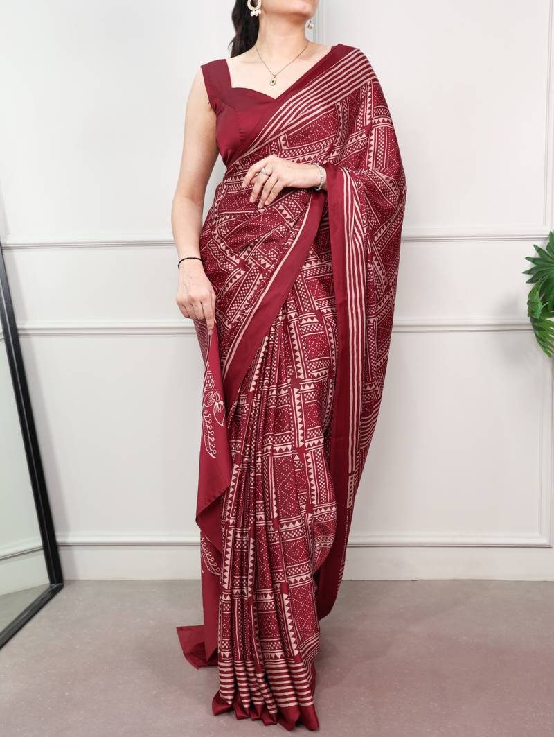 Maroon elegant satin silk printed saree