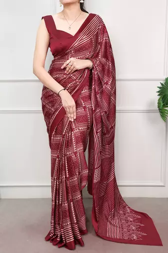 Maroon elegant satin silk printed saree