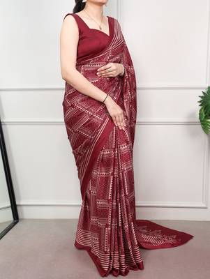 Maroon elegant satin silk printed saree 4