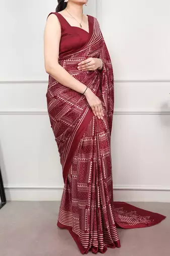 Maroon elegant satin silk printed saree