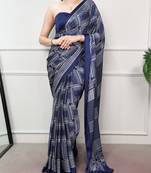 Navy blue elegant satin silk printed saree