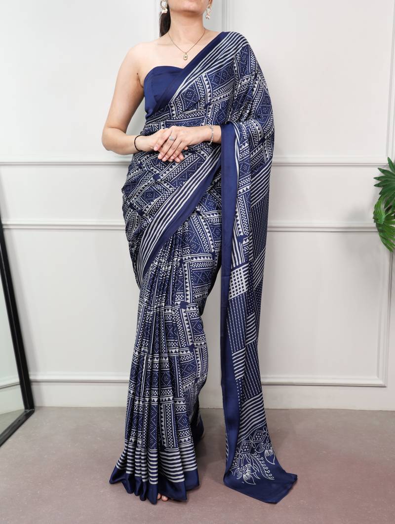 Navy blue elegant satin silk printed saree