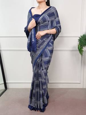 Navy blue elegant satin silk printed saree 2