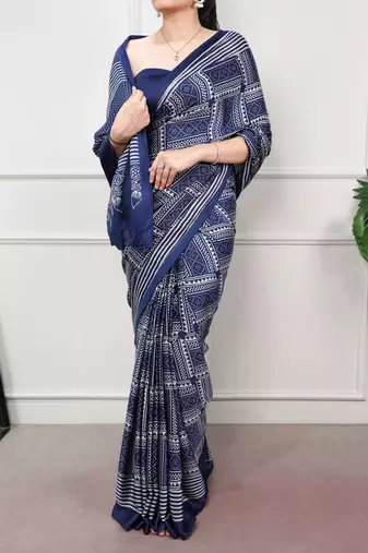 Navy blue elegant satin silk printed saree