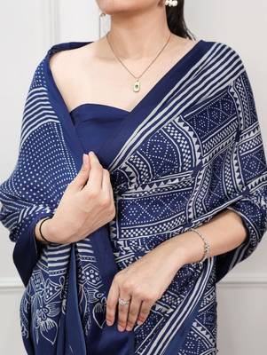 Navy blue elegant satin silk printed saree 3