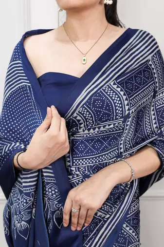 Navy blue elegant satin silk printed saree
