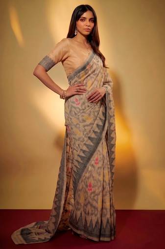 Cream soft poly cotton thread weaving work saree