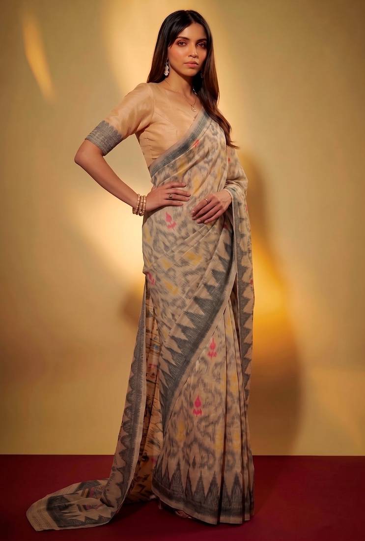 Cream soft poly cotton thread weaving work saree