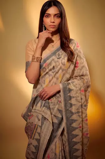 Cream soft poly cotton thread weaving work saree