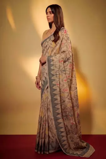 Cream soft poly cotton thread weaving work saree