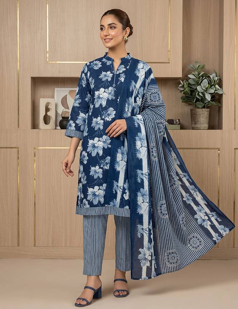 Printed cotton blend stitched geometric print salwar kurta dupatta for women