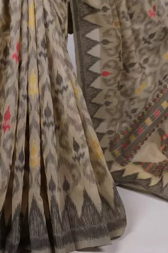 Cream soft poly cotton thread weaving work saree