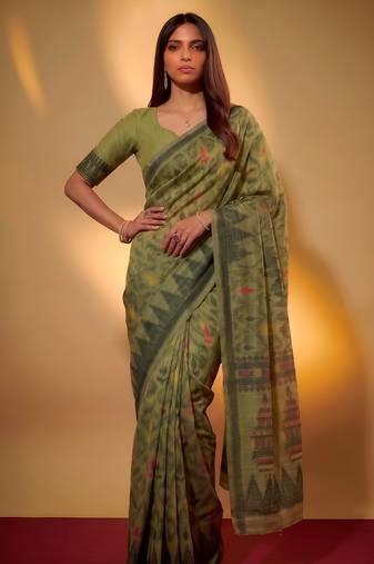 Mehendi soft poly cotton thread weaving work saree