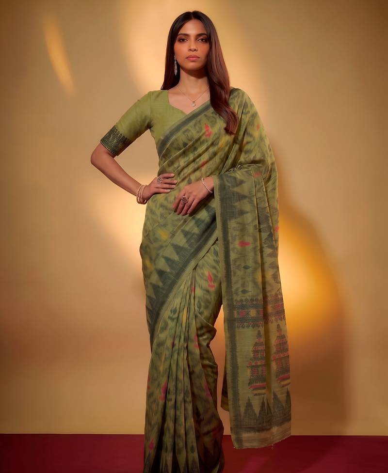 Mehendi soft poly cotton thread weaving work saree