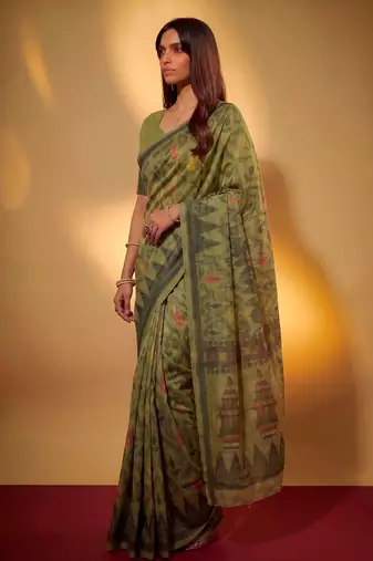 Mehendi soft poly cotton thread weaving work saree