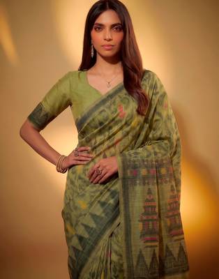 Mehendi soft poly cotton thread weaving work saree 3