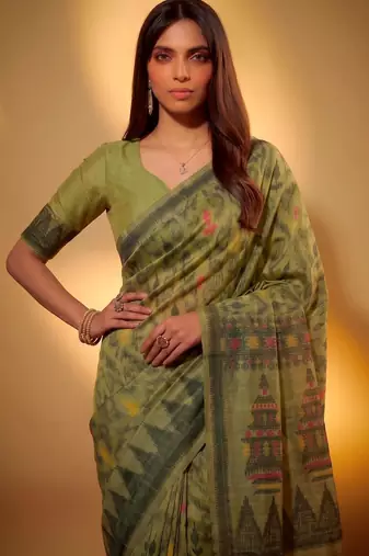 Mehendi soft poly cotton thread weaving work saree