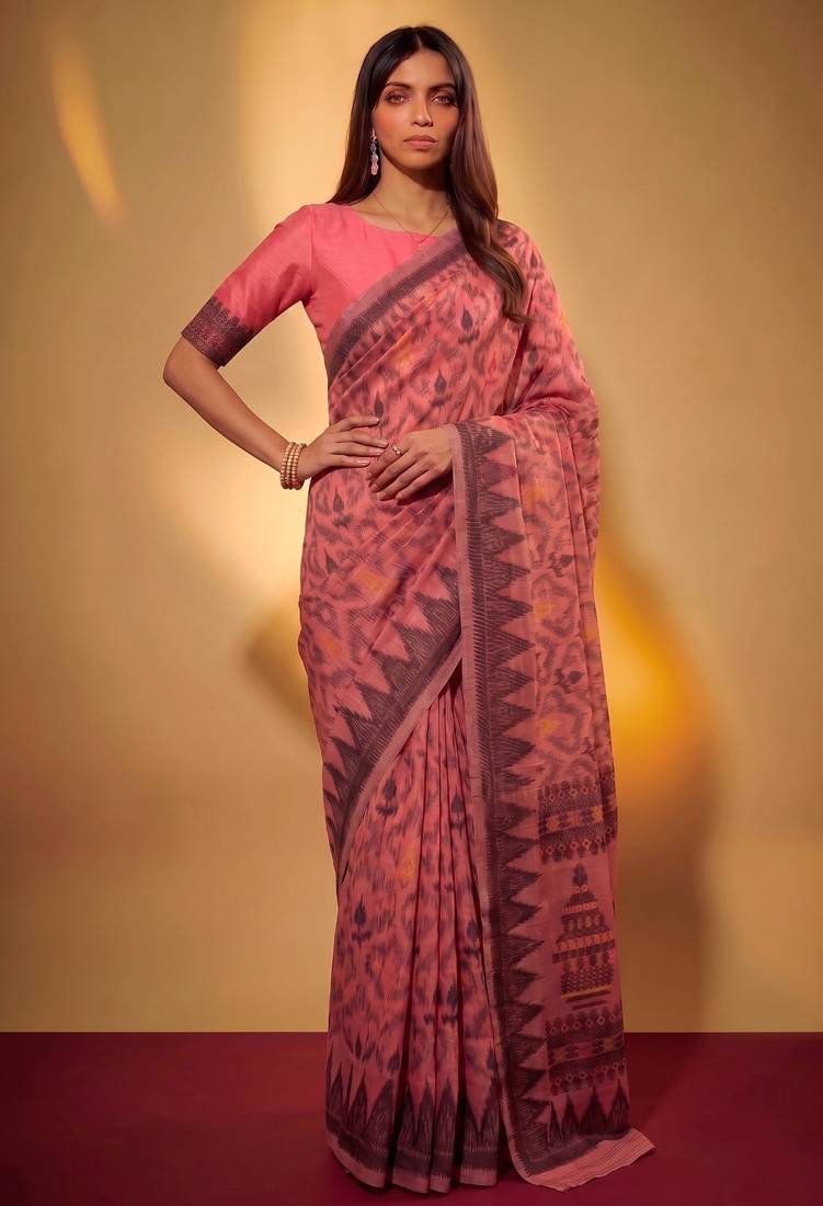 Salmon soft poly cotton thread weaving work saree