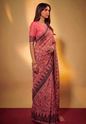 Salmon soft poly cotton thread weaving work saree 2