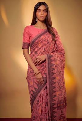 Salmon soft poly cotton thread weaving work saree 3
