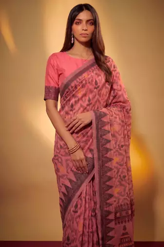 Salmon soft poly cotton thread weaving work saree