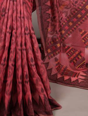 Salmon soft poly cotton thread weaving work saree 4