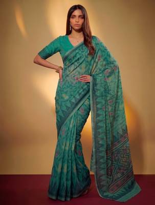 Teal soft poly cotton thread weaving work saree 1