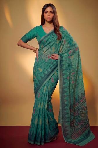 Teal soft poly cotton thread weaving work saree