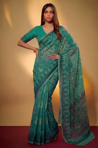Teal soft poly cotton thread weaving work saree