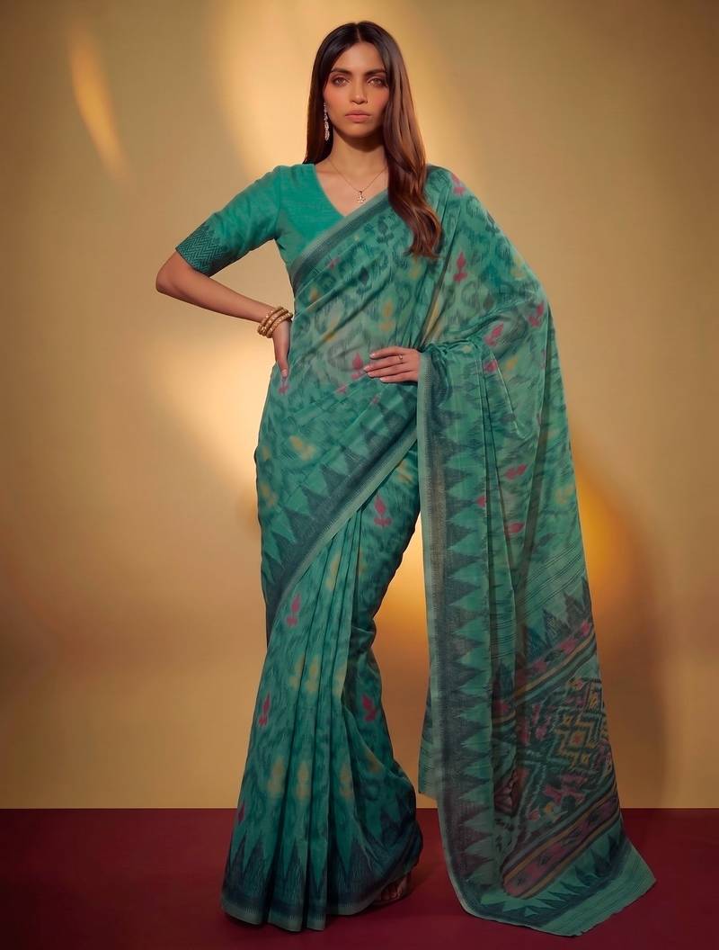 Teal soft poly cotton thread weaving work saree