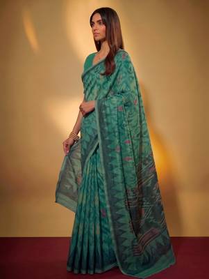 Teal soft poly cotton thread weaving work saree 2