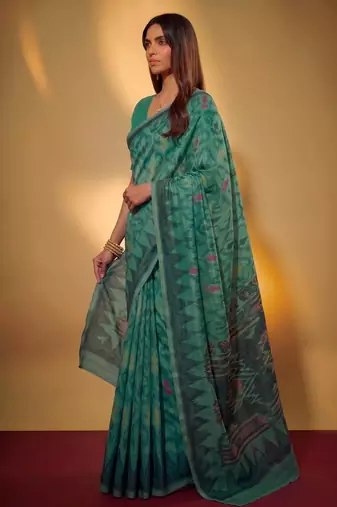 Teal soft poly cotton thread weaving work saree