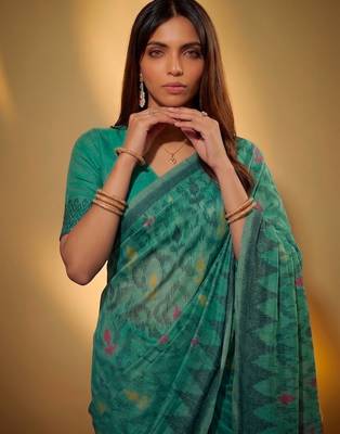 Teal soft poly cotton thread weaving work saree 3