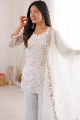 White Sequins Silk Festive Wear Pant Suit