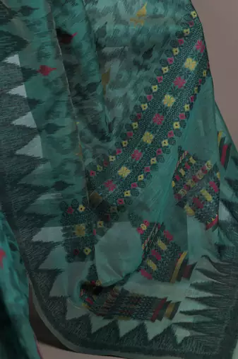 Teal soft poly cotton thread weaving work saree
