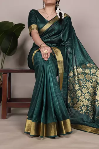 Green onam special raw silk zari weaving work saree