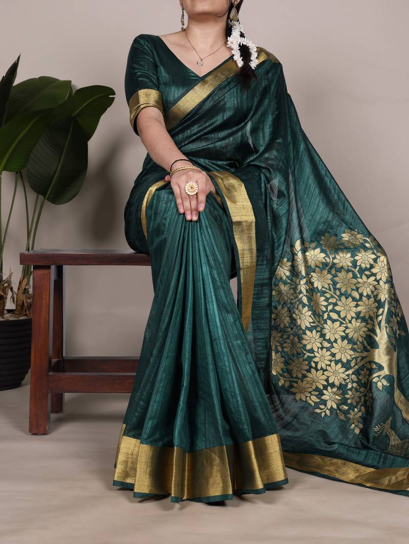 Green onam special raw silk zari weaving work saree